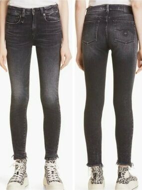 R13 Alison Skinny Jeans Black Distressed Raw Hem Size 31